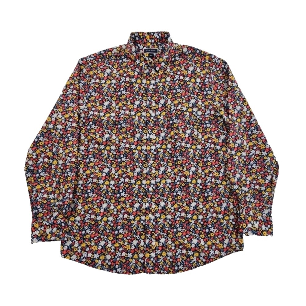 Club Room Mens Floral Shirt L Daisy Blue Yellow Long Sleeve Button-Up Flower EUC